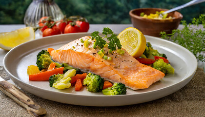 Grilled salmon steak with vegetables, a healthy and flavorful meal, served on a white plate