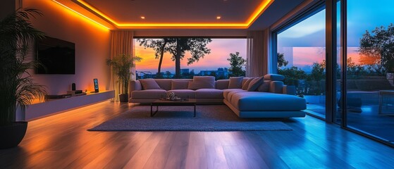 High-tech smart home living room with integrated smart devices, sleek furniture, and ambient lighting, showcasing futuristic and user-friendly design