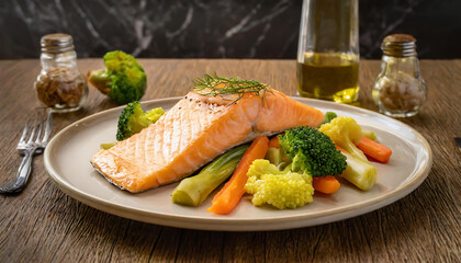 Grilled salmon steak with colorful vegetables served on a white plate