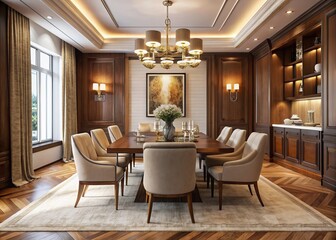 Luxurious grandeur dining room with rich walnut wood tone, velvety soft golden lighting, majestic chandelier, plush cream upholstery, and modern minimalist art pieces against cream walls.