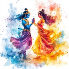 Vibrant AI-Generated Krishna and Radha: Holi Festival Celebration in Watercolor. Colorful Hindu Mythology Art for T-Shirts, Posters, and UI Design. Elegant Minimalist Composition with Textured Gradien