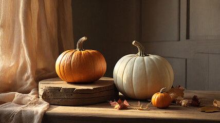 Autumn still life. Pumpkins on a rustic wooden table.