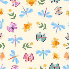 Children's illustration, dragonfly, butterfly, bee, flower, summer seamless pattern