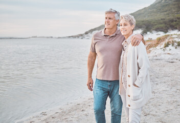Mature couple, relax and hug with beach view for bonding, weekend or outdoor holiday in nature. Senior man, woman or lovers enjoying vacation, moment or memory together by sea water on ocean coast