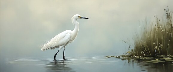 A solitary egret stands in a misty lake with reeds in the background.