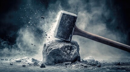 A large sledgehammer smashes a large rock sending debris and dust flying.