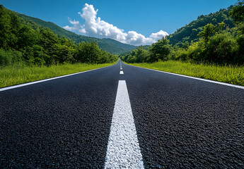 Wide Open Road with White Lines Amidst Lush Greenery and Blue Skies.