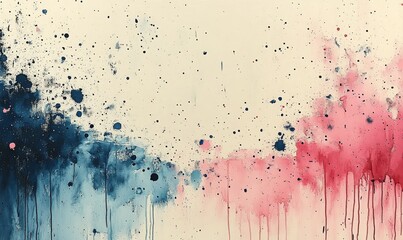 Abstract painting with splashes of pink and blue on a beige background, watercolor splatters, interlocking lines and dots in light red and dark navy.