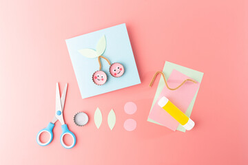 DIY summer paper craft for kids, how to make cherry, homemade handicraft from recycled materials, pink