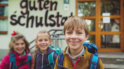 Kinder mit Rucksäcken lächeln vor Schule.