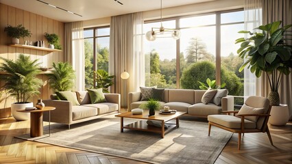 luxurious morning light flooding modern minimalist living room with sleek furniture, textured fabrics, and lush greenery, evoking serenity and sophistication in a soft, creamy color palette