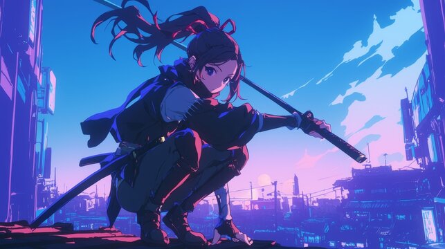 Female anime ninja samurai crouched on a rooftop katana ready for action moonlit backdrop