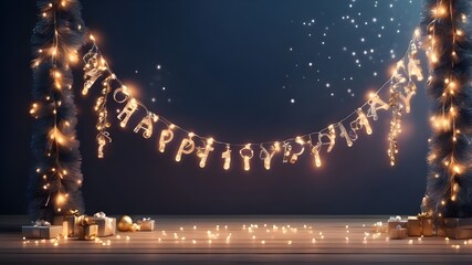 artificial intelligence generated. Generative AI. Cheers to another year of Christmas and New Year! Christmas lights, decorations, and a shimmering garland backdrop. Similar to a holiday mockup templa