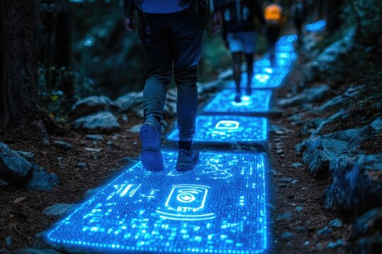 Futuristic Digital Hiking Trail with Holographic Path Markers in Minimalist Natural Setting