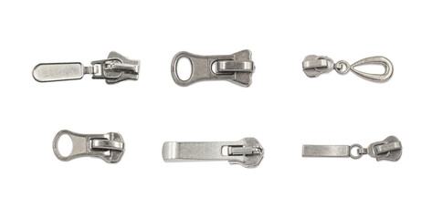 Metal zipper slider isolated on white. Cutout object. Clothing element. Collection of sliders. Chrome shiny silver design.