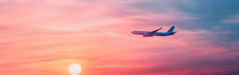 Fototapeta premium Airplane flying at sunset above vibrant clouds in a clear sky