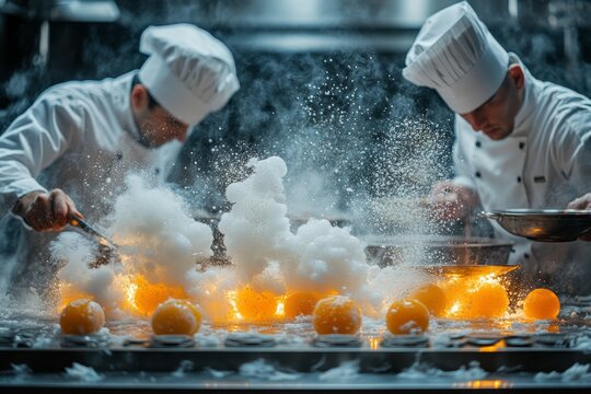 Chefs experimenting with molecular gastronomy techniques, modern kitchen, food science innovation. Generative AI