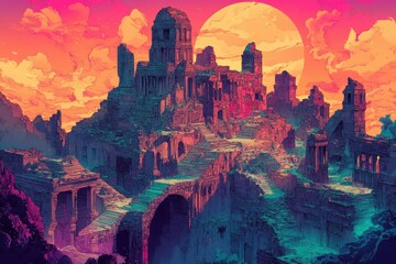 Ruined Cityscape Under a Large Orange Moon