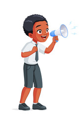 Young African American school boy with megaphone speaking or shouting excitedly making announcement vector illustration.