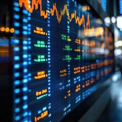 Fototapeta premium Futuristic Finance Concept with AI-Driven Stock Trading on Transparent Holographic Screens