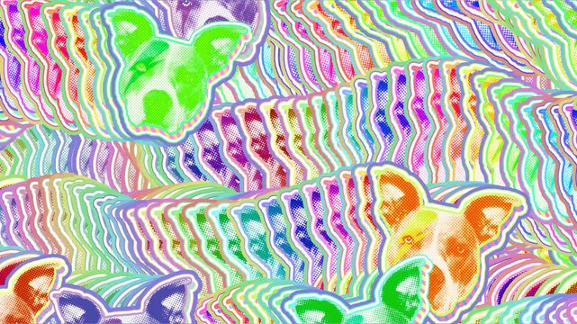 Seamless animation of cartoon style dogs with rainbow colors and echo effect. Stop motion minimal animal art with pastel colors halftone style background.