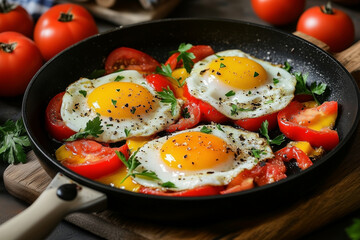 A dish with fried eggs with tomatoes and sweet peppers