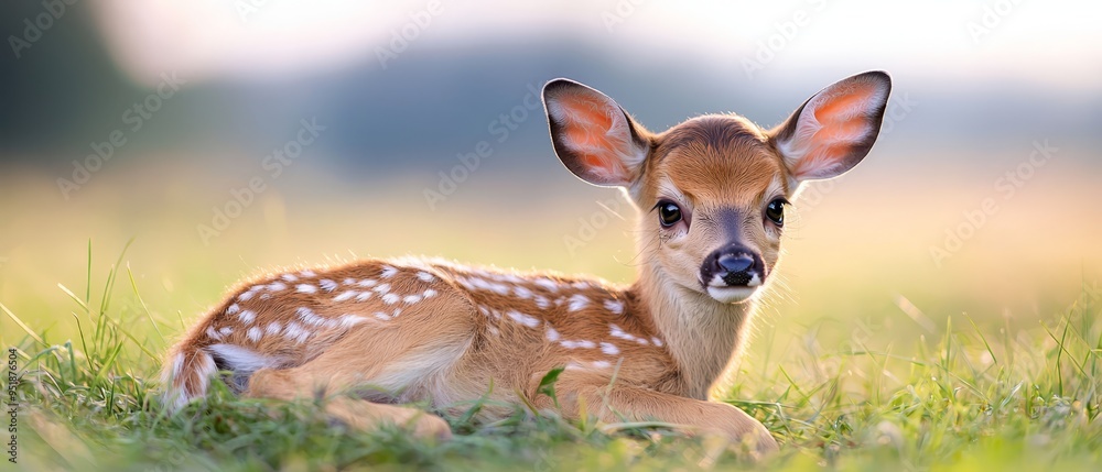 Sticker  A tight shot of a tiny deer reclining in an expansive meadow The hazy backdrop portrays a blurred sky