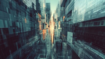 A dynamic and abstract digital rendering of an urban cityscape. The scene is characterized by a complex array of skyscrapers and buildings, tightly packed together. The perspective and use of lines cr