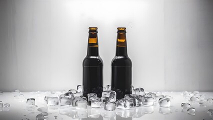 Two bottles of beer on ice. Isolated on white background.
