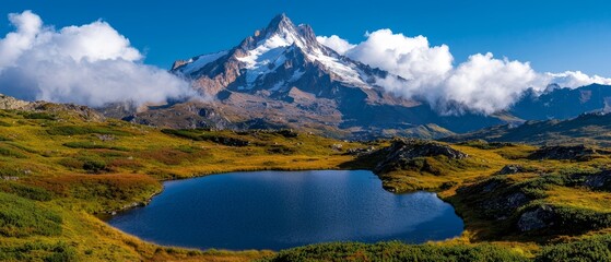  A mountain range with a foreground lake and a snow-capped peak behind, clouded sky