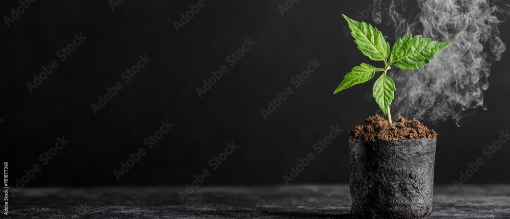 Sticker  A green plant emerges from a black cylindrical container, releasing smoke above a dark surface