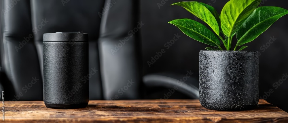 Sticker  A potted plant atop a wooden table Nearby, a black vase holds a green plant