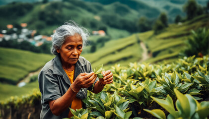 Sri Lankan woman picks tea on a tea plantation in Ceylon.