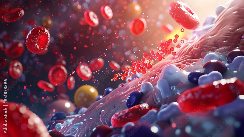 Poster a close up of a red and blue blob with many red and blue spheres