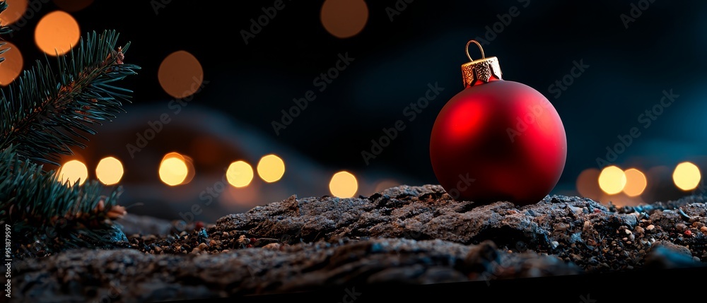 Poster  A red ornament atop a mound of dirt, beside a Christmas tree adorned with lights