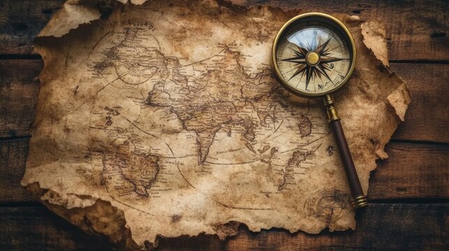 A treasure map spread out on a wooden table, with a compass and magnifying glass, symbolizing the search for hidden riches and adventure