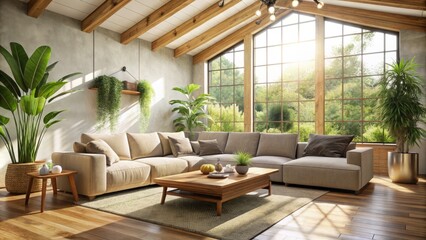 Minimalist serenity Cozy morning sunbeams warm neutral-toned plush sectional sofa amidst lush greenery overflowing from modern rustic wooden coffee table beneath vaulted ceiling