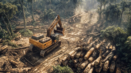 Aerial view of heavy machinery bull dozer in a forest clearing, deforestation and logging on natural landscapes in a tropical forest Asia 