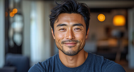 A promotional photo showcasing an Asian gentleman's genuine joy while donning a casual t-shirt.