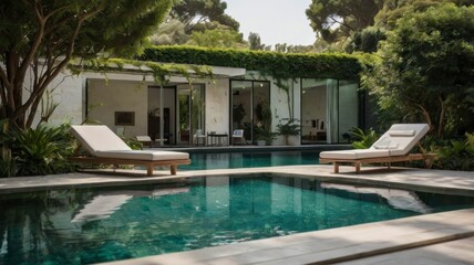 Fototapeta premium Pool with greenery, transparent backdrop 