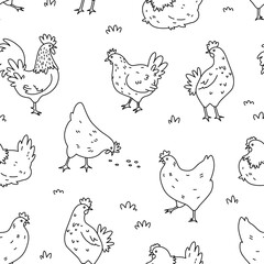 Chicken seamless pattern. Cute cartoon chicken background. Hand drawn vector illustration. Texture for print, textile, fabric. Black and white. Line art.