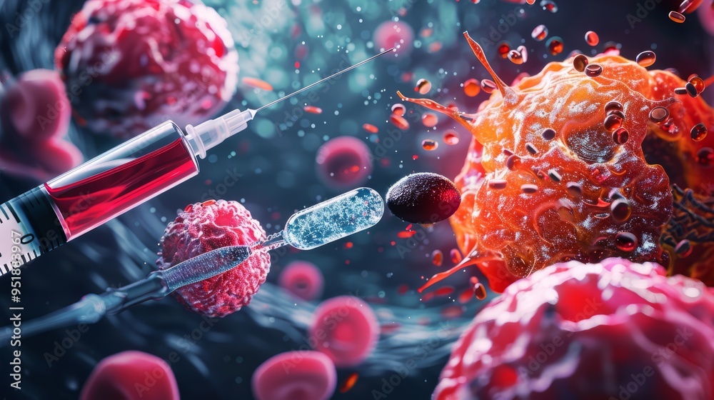 Poster a syringe is being used to inject a red substance into a cell