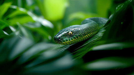 Fototapeta premium A close-up view of a green snake nestled among lush green foliage, showcasing its vibrant scales and natural habitat.