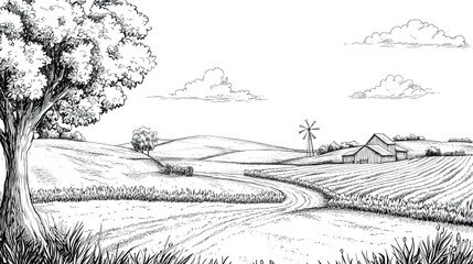 Hand-painted landscape illustrations with black and white lines,generated with AI. 
