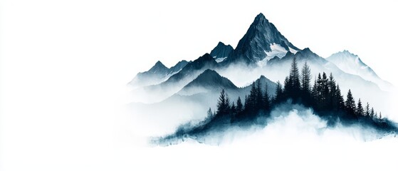  A monochrome image of a mountain shrouded in fog, pine trees dotting the foreground