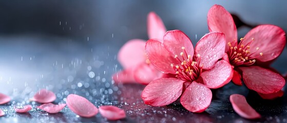  A tight shot of a flower on a table, with water droplets beading on its surface, and petals delicately cascading off