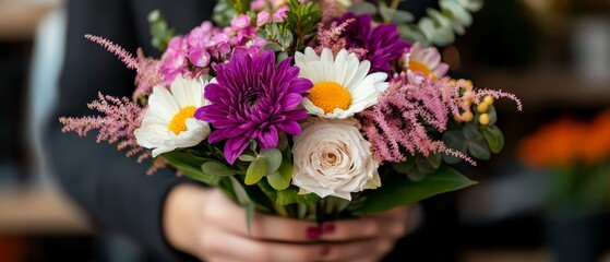 purple and white blooms at center, green background