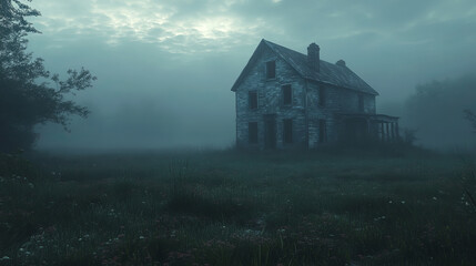 Abandoned farmhouse in spooky meadow at dusk  