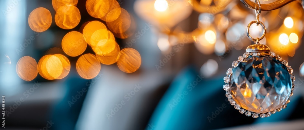 Poster  A tight shot of a glass ornament dangling from a chandelier against a hazy backdrop of lights