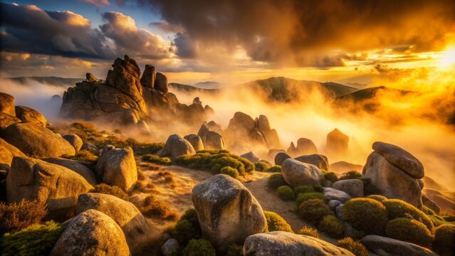 Moody golden light on rugged trachyte boulders amidst eerie fog, emphasizing ancient, weathered textures, and mysterious, atmospheric mood in warm, earthy tones.